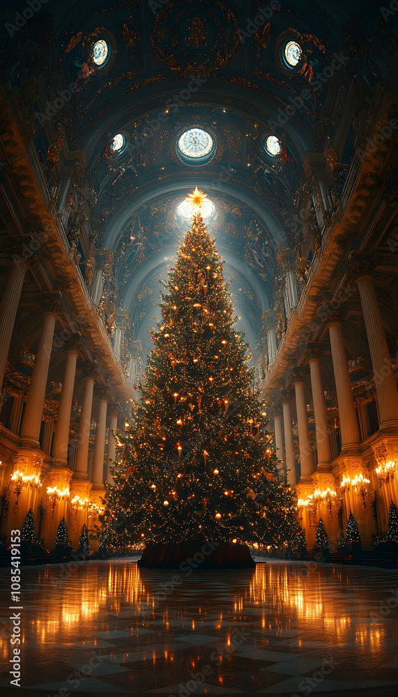 Obraz premium Majestic Christmas tree in grand hall.