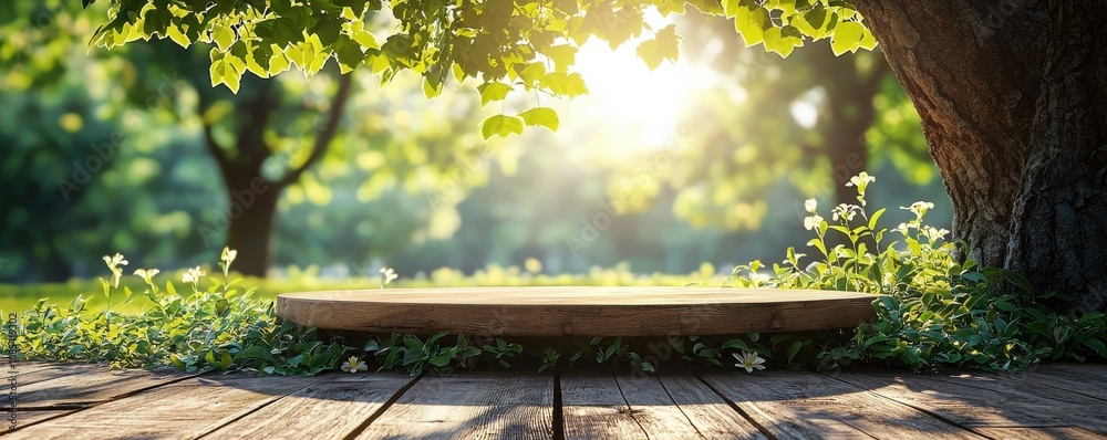 Naklejka premium Serene wooden podium under sunlight in lush green garden