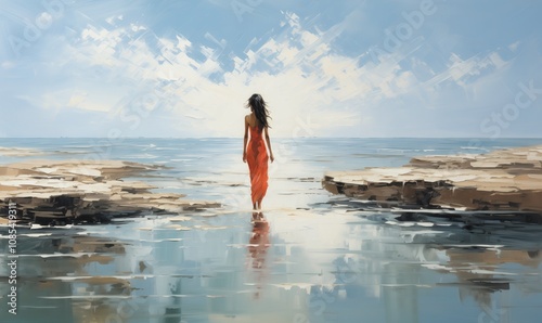 Fototapeta Naklejka Na Ścianę i Meble -  Oil painting of a girl walking on a beach.