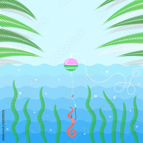 Vector Animal Earth Red Worm for Fishing on blue Background.