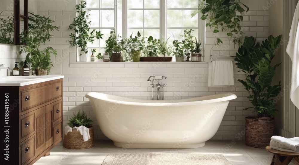 serene bathroom with an elegant freestanding tub, white tiles on the walls and floor serene bathroom with an elegant freestanding tub, white tiles on the walls and floor