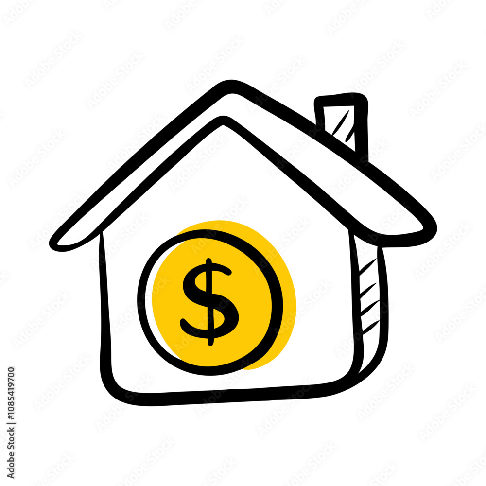 a house features a large yellow coin with a dollar sign inside. a house features a large yellow coin with a dollar sign inside.