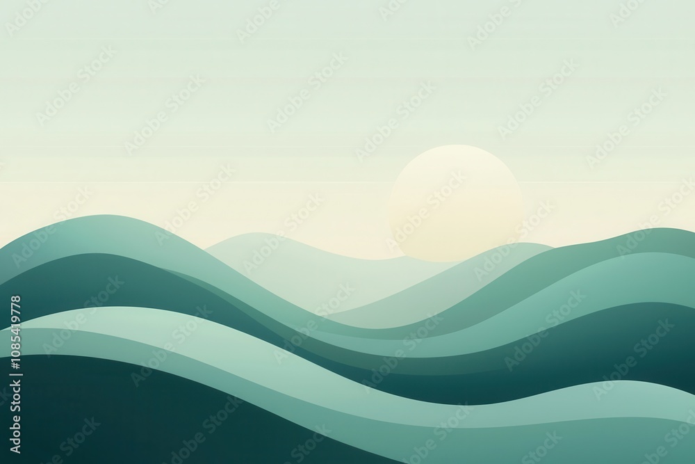 Serene abstract landscape with layered hills at sunrise