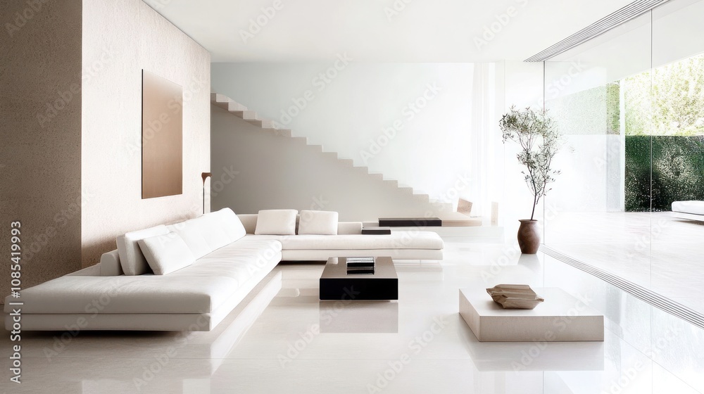 Modern minimalist family room, clean and sleek furniture, neutral palette, bright and inviting feel Modern minimalist family room, clean and sleek furniture, neutral palette, bright and inviting feel