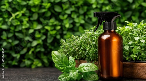 Weed control organic herb herbicide spray concept Organic Weed Spray in Brown Bottle Resting Beside Fresh Herbs on a Wooden Tray Against a Lush Green Background - Gardening and Plant Care Concept