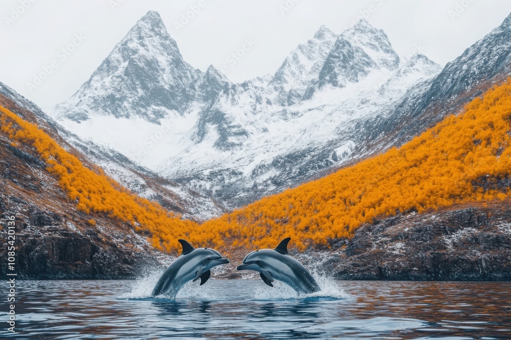 Obraz premium Two dolphins leap gracefully from a serene mountain lake surrounded by snow-capped peaks and vibrant golden autumn trees, creating a striking blend of nature and aquatic beauty.