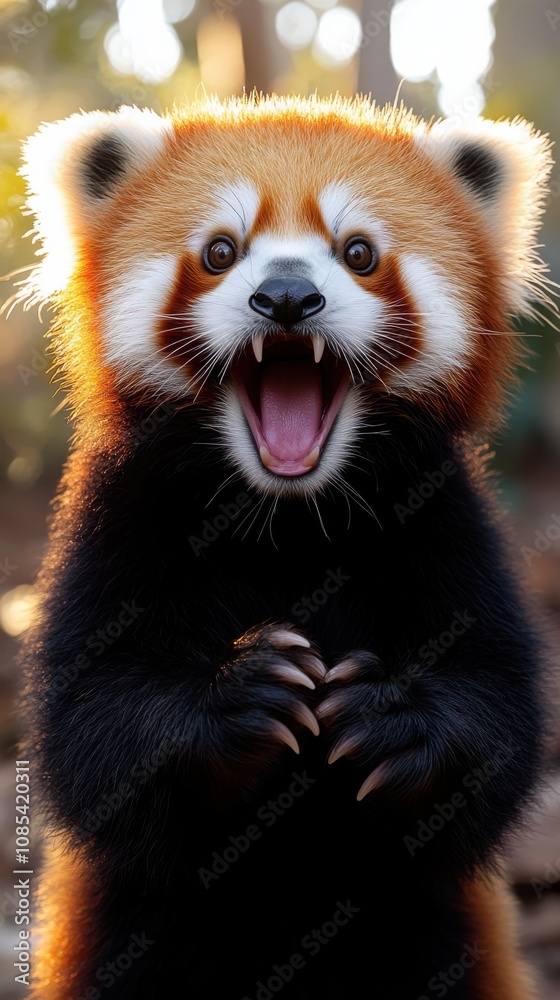 A cheerful red panda with vibrant orange fur and expressive eyes stands upright, showing an open-mouthed smile and playful excitement in a sunlit forest.
A cheerful red panda with vibrant orange fur and expressive eyes stands upright, showing an open-mouthed smile and playful excitement in a sunlit forest.