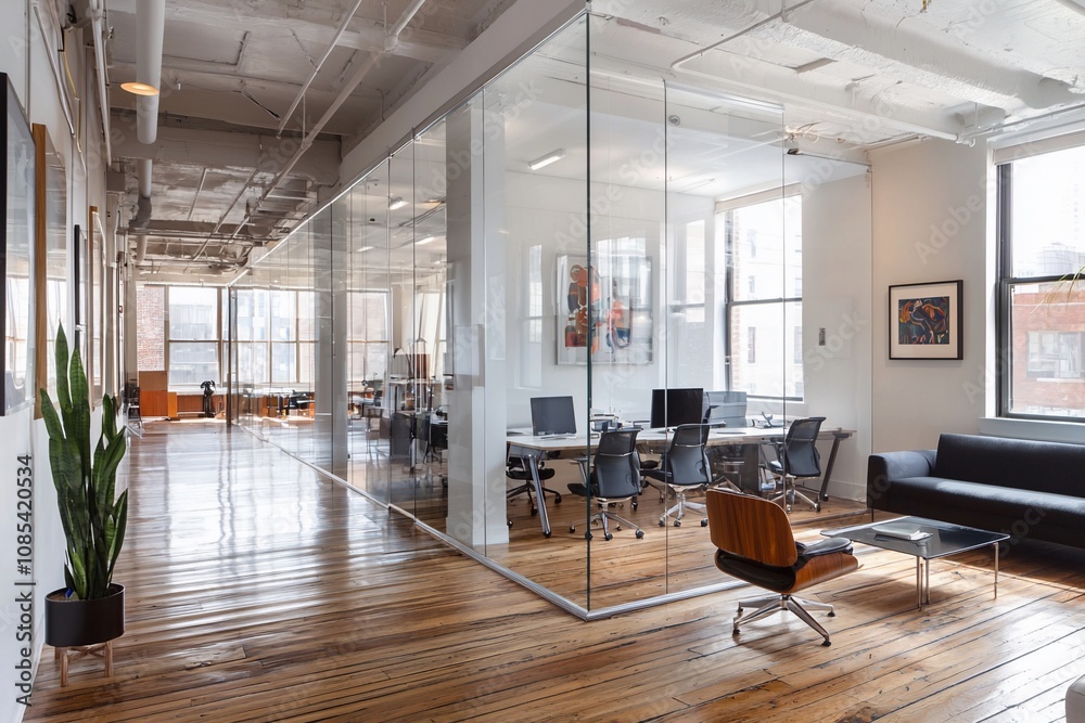 Modern Office Interior Featuring Glass Walls and Open Layout Modern Office Interior Featuring Glass Walls and Open Layout
