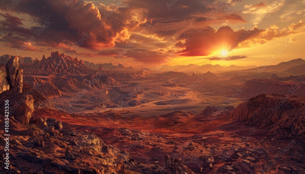 A Fiery Sunset Over a Red Desert Landscape A Fiery Sunset Over a Red Desert Landscape