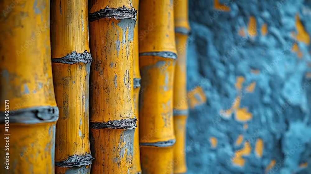 Fototapeta premium A close-up shot of yellow bamboo stalks against a textured blue wall.