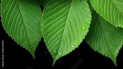 Close-up of vibrant green leaves with water droplets, showcasing nature's beauty. photo