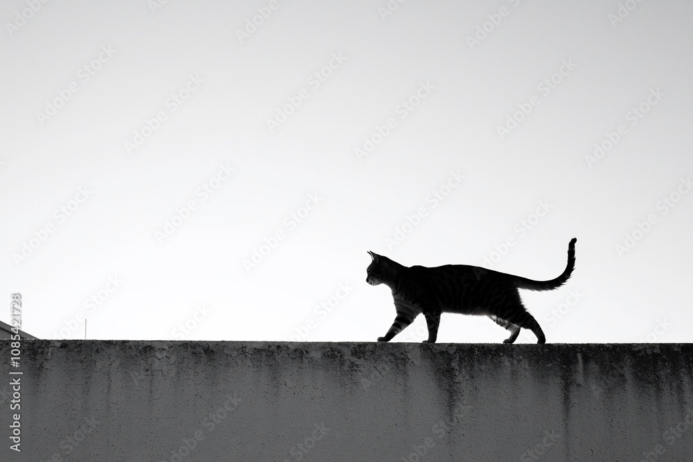 Silhouette of a Cat Walking on a Wall Against a Softly Lit Background Silhouette of a Cat Walking on a Wall Against a Softly Lit Background