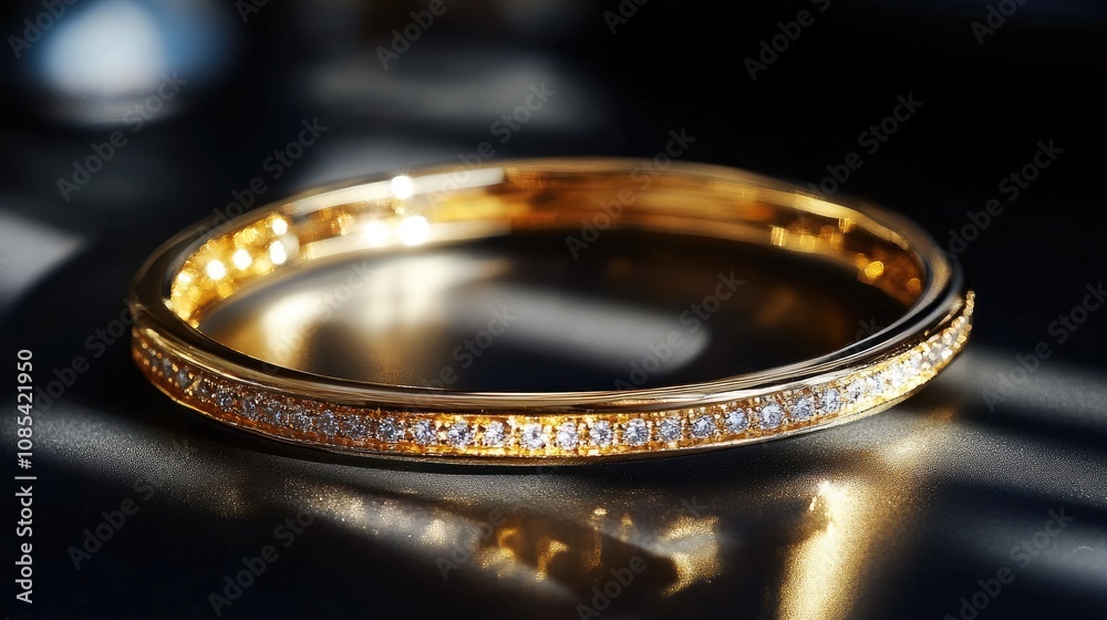 Elegant Gold Bangle Bracelet with Sparkling Diamonds Captured in Soft Natural Light, Showcasing Reflections and Gleaming Shine on Dark Surface Elegant Gold Bangle Bracelet with Sparkling Diamonds Captured in Soft Natural Light, Showcasing Reflections and Gleaming Shine on Dark Surface