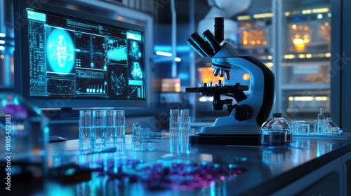 Close-up of a scientific microscope with nanotechnology samples, digital displays, and lab equipment on a sterile lab table