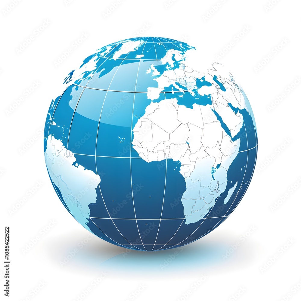 Modern 3D globe with a glossy blue design and white continents in a clean aesthetic Modern 3D globe with a glossy blue design and white continents in a clean aesthetic