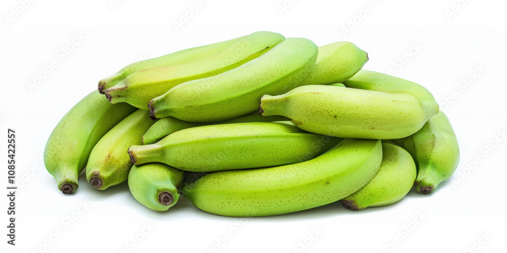 A pile of unripe green bananas arranged neatly against a plain white background. A pile of unripe green bananas arranged neatly against a plain white background.