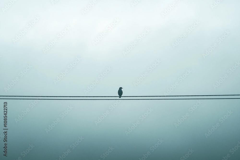 Solitary Bird on a Wire Against a Misty Background Solitary Bird on a Wire Against a Misty Background