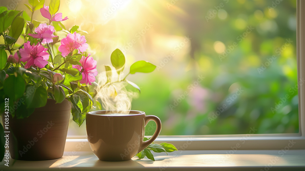 custom made wallpaper toronto digital朝日の中で窓辺に置かれたコーヒーカップ
