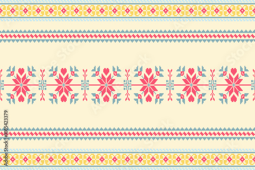 Colorful geometric embroidery traditional ethnic pixel art pattern for background.Aztec style.Design for texture,fabric,cloting,carpet,knitewar,curtains,wrapping,batik,scarf,vector,illustration