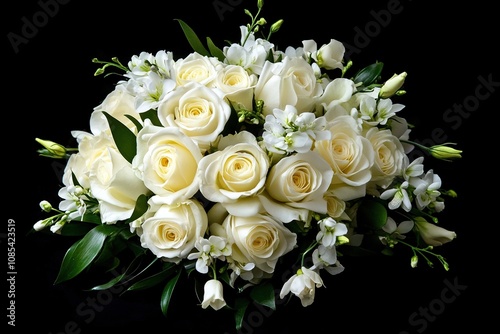 bridal bouquet with cream roses and white flowers on black background 