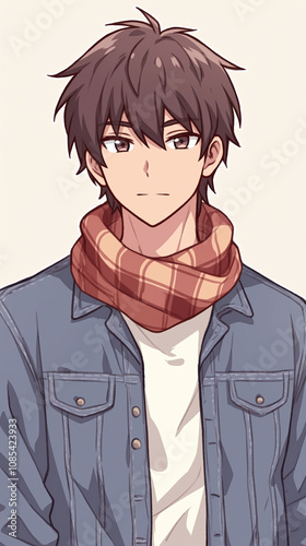 Anime Boy in a Plaid Scarf and Denim Jacket photo