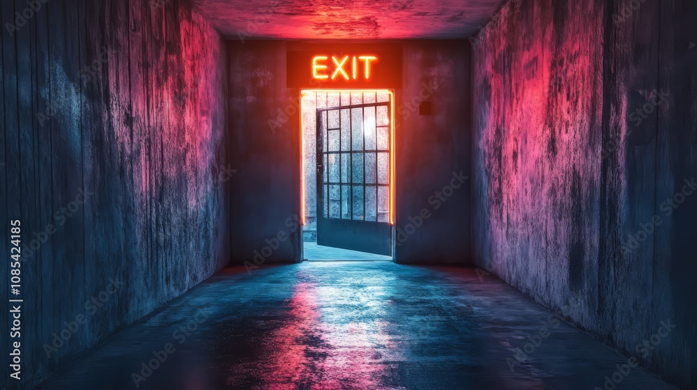 Neon Exit: Escape from confinement. A dimly lit corridor, bathed in vibrant neon hues, leads to an open door marked Neon Exit: Escape from confinement. A dimly lit corridor, bathed in vibrant neon hues, leads to an open door marked