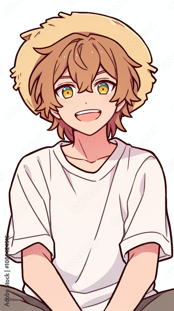 Smiling Anime Boy in a Straw Hat