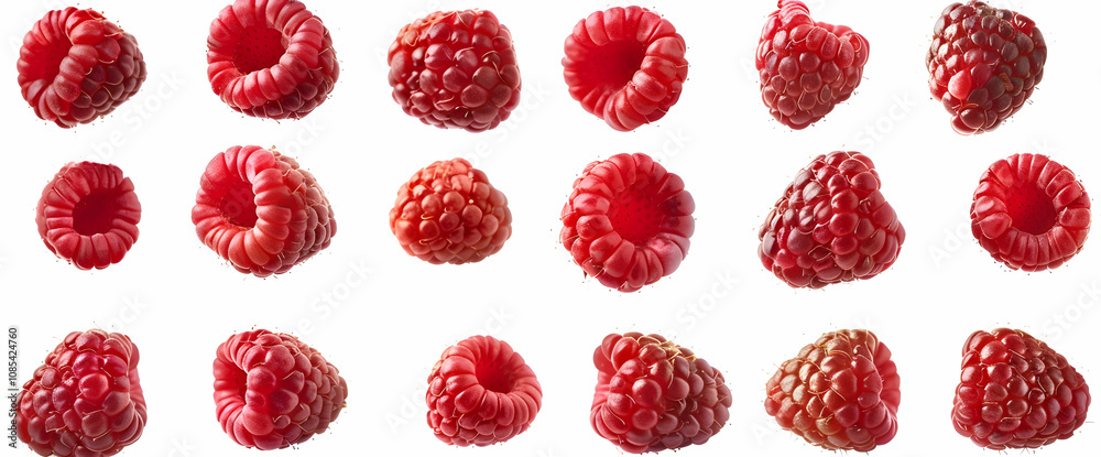 Set of different images with raspberries on a white background Set of different images with raspberries on a white background