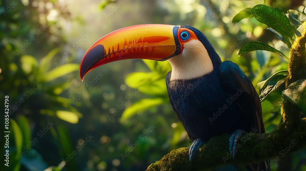 Obraz premium A toucan with a large, colorful beak sits on a branch in a lush tropical forest.