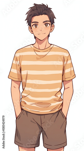 Anime Boy in Striped Shirt and Shorts photo