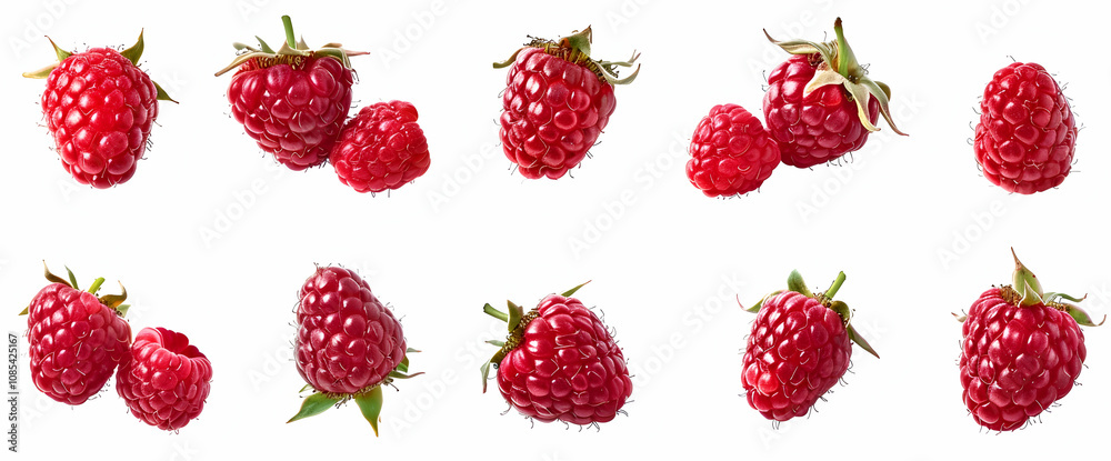Set of different images with raspberries on a white background Set of different images with raspberries on a white background