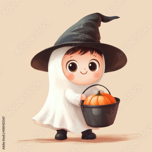Cute cartoon illustration of an adorable little boy with big eyes, dressed in a white ghost costume and black witch hat