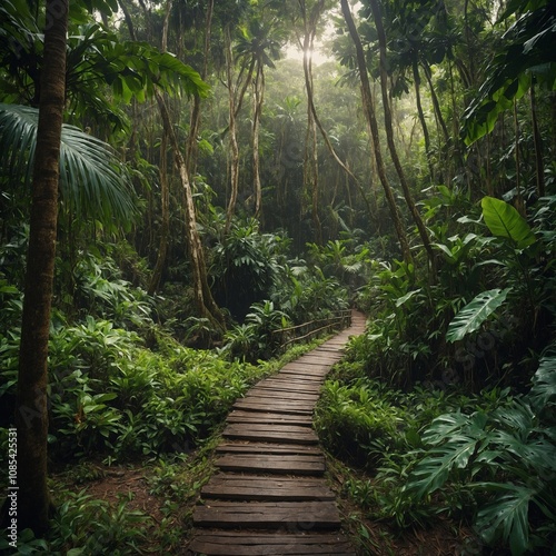 A tropical rainforest trail leading to a hidden beach.

