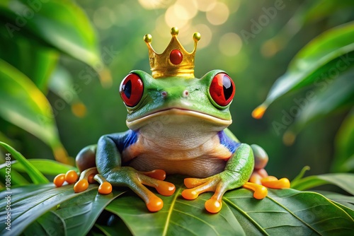 Red-Eyed Tree Frog Prince Crown, Royalty, Fantasy, AI Art, Copy Space photo