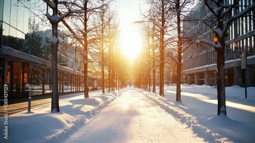 Snowy Winter Path Lined with Frosty Trees at Sunrise photo