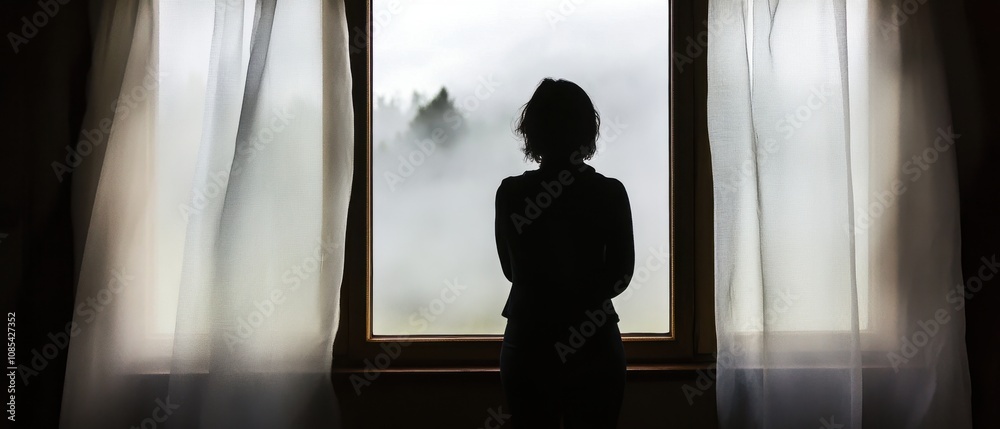 Emotional veil Concept. A silhouette of a person stands by a window, gazing out at a foggy landscape, creating a mood of contemplation and mystery. Emotional veil Concept. A silhouette of a person stands by a window, gazing out at a foggy landscape, creating a mood of contemplation and mystery.