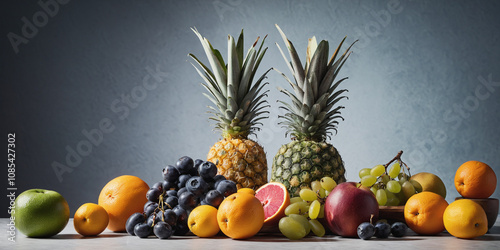 Vibrant fruit display kitchen table still life photography indoor setting close-up view healthy lifestyle inspiration