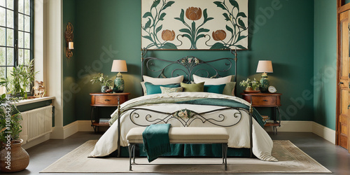 Elegant bedroom design featuring floral artwork cozy home interior decoration tranquil environment inviting atmosphere home aesthetics