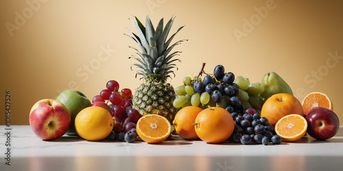 Vibrant fruit display kitchen counter still life photography minimalist setting close-up view healthy lifestyle concept