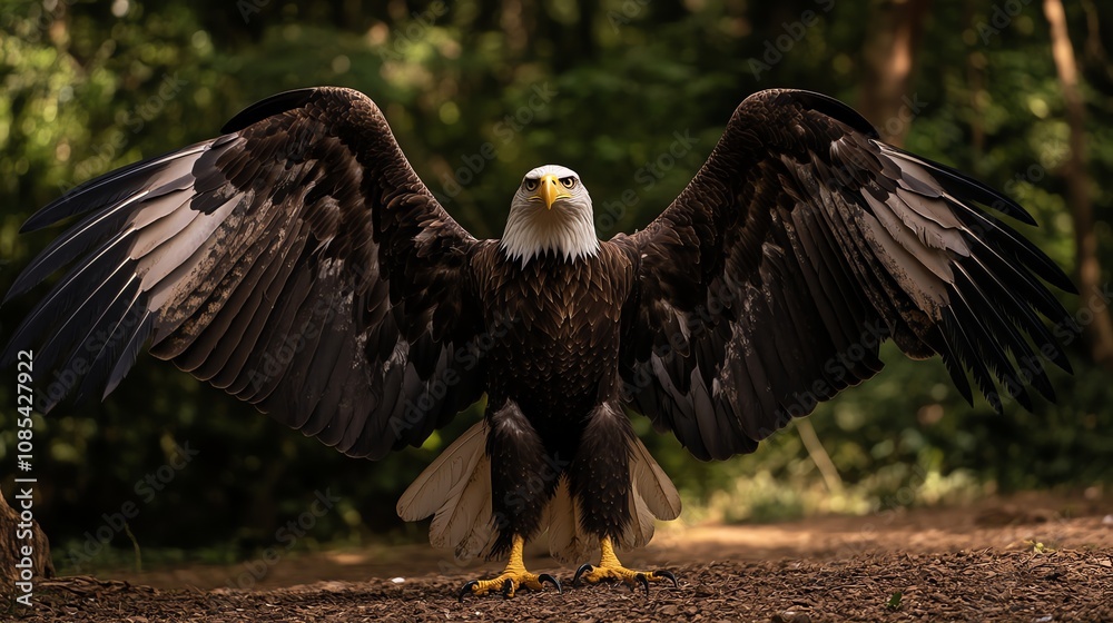 Obraz premium A Bald Eagle with its wings spread wide, standing on a forest path.