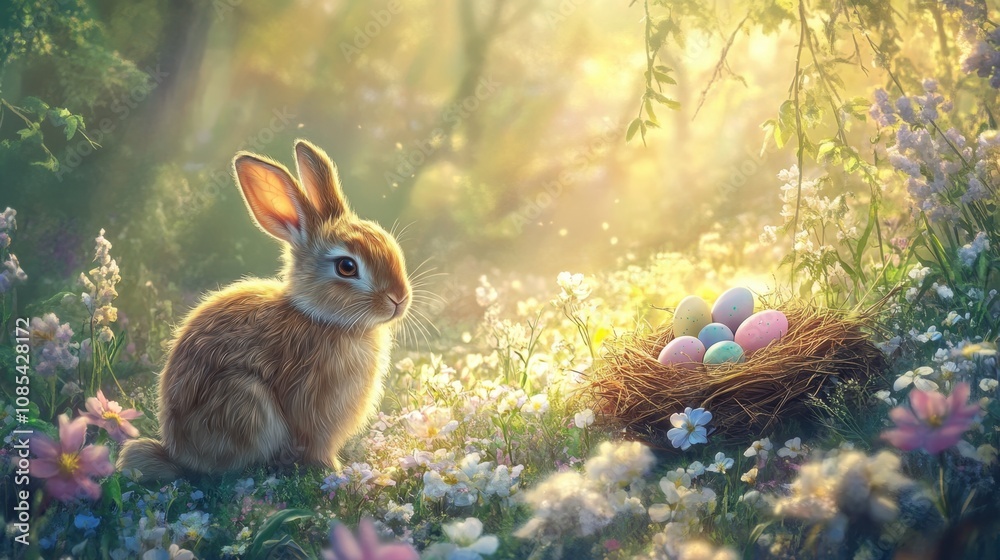 A tranquil spring meadow scene featuring a fluffy rabbit, a nest with chicks, and pastel eggs among blooming flowers, bathed in gentle sunlight A tranquil spring meadow scene featuring a fluffy rabbit, a nest with chicks, and pastel eggs among blooming flowers, bathed in gentle sunlight