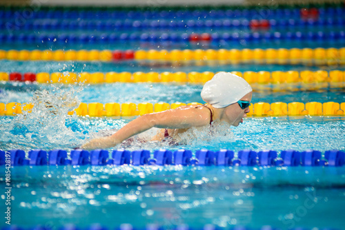 Swimmer girl swims butterfly swimming style in the pool