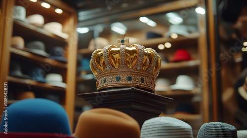 A shining gold crown resting on a pedestal, surrounded by mundane hats, contrasting luxury and power with ordinariness photo