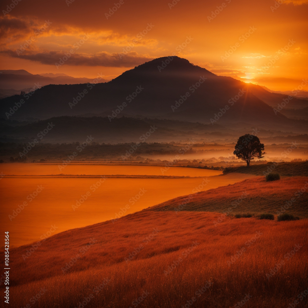 Obraz premium Ai Generative photoreal very beautiful orange sunset