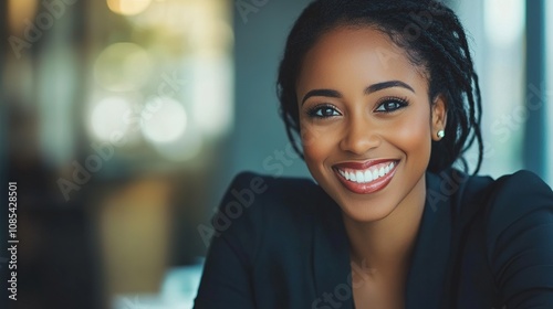 Professional black woman smiling in a modern office setting, showcasing confidence and positivity with a warm expression and stylish attire