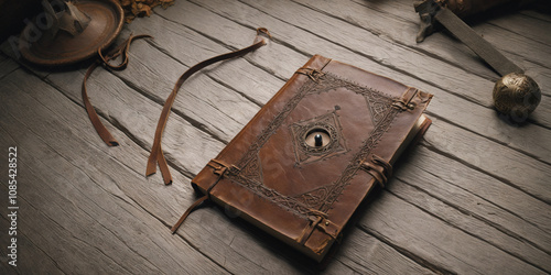 Ancient leather-bound journal exploration rustic table still life photography cozy environment close-up view storytelling concept