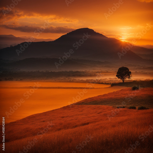 Ai Generative photoreal very beautiful orange sunset photo