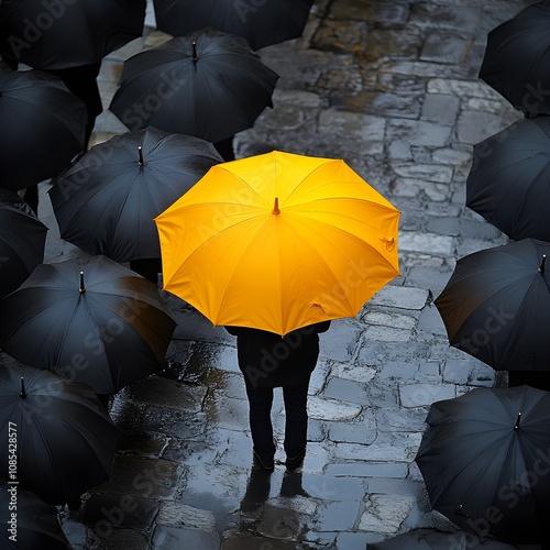 A single bright yellow umbrella in a crowd of black ones, the person beneath standing tall, capturing the concept of attention and distinctiveness