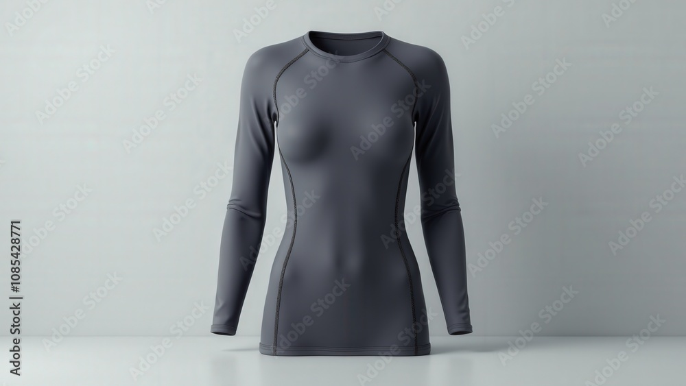 Modern women's rashguard mockup highlighting a slim fit design, smooth fabric texture, and clean lines for activewear presentations. Modern women's rashguard mockup highlighting a slim fit design, smooth fabric texture, and clean lines for activewear presentations.
