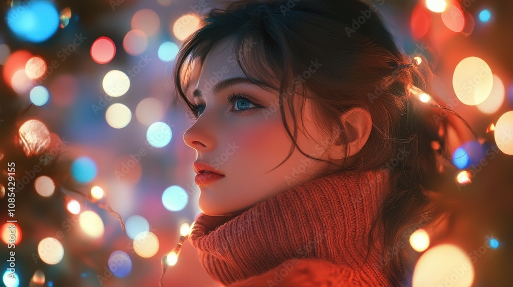 A woman in a cozy turtleneck sweater glows with poise, framed by vibrant string lights, embodying artistic charm and effortless elegance A woman in a cozy turtleneck sweater glows with poise, framed by vibrant string lights, embodying artistic charm and effortless elegance